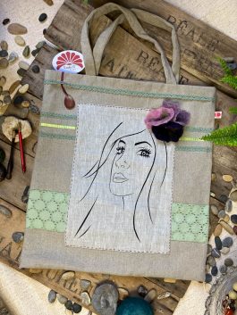 Tote bag sérigraphie artisanale demoiselle et fleurs
