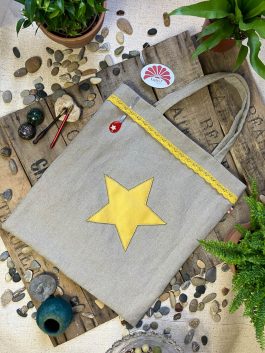 tote bag lin étoile broderie cuir dorée